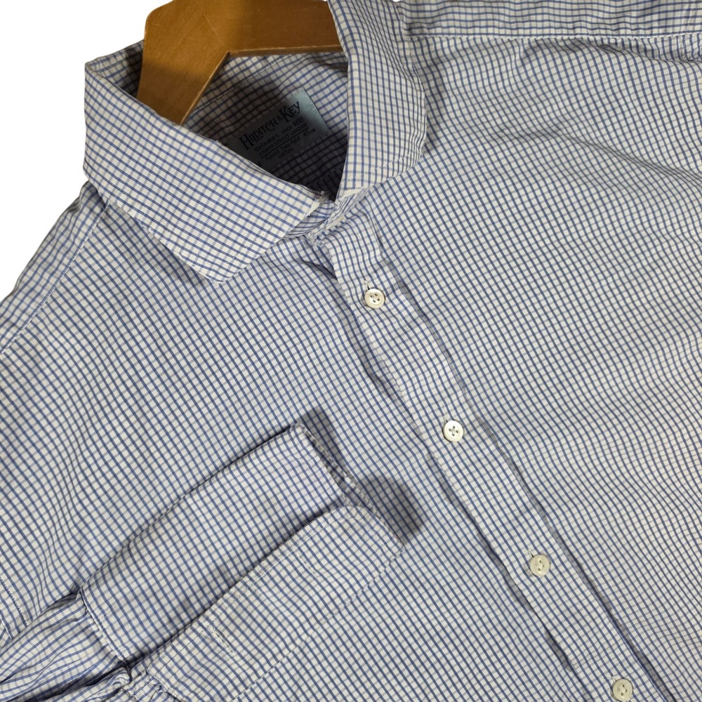 Hilditch & Key Blue White Micro Check Cotton French Cuff Dress Shirt Men 18 45cm